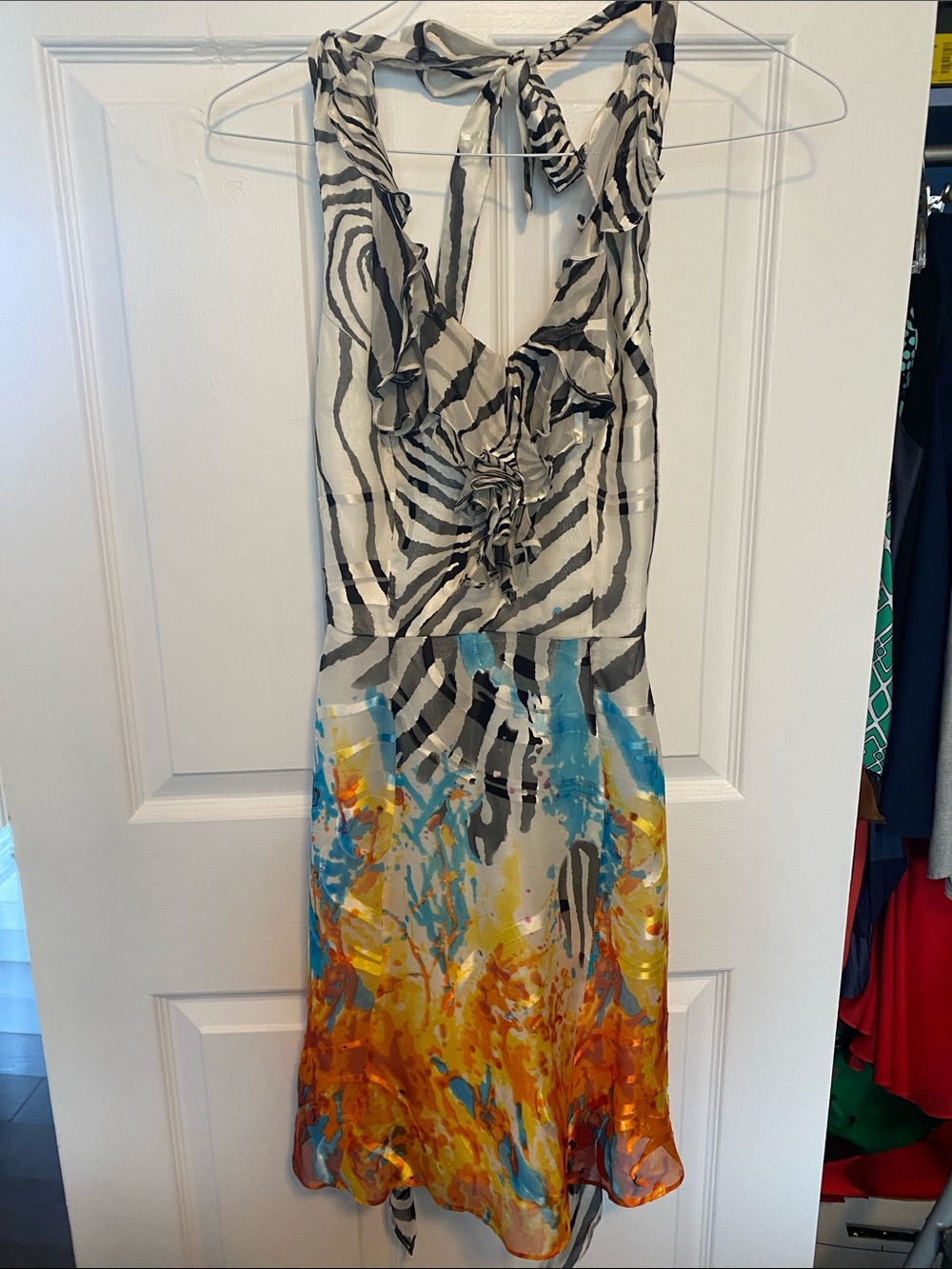 Abstract Zebra & Splash Print silk Dress in Black, White and Multi